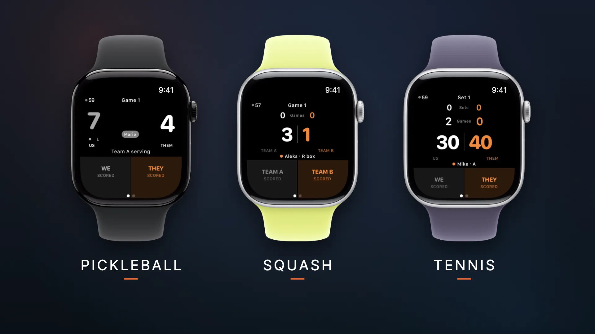 Apple Watch on wrist showing the CourtSauce scoring UI mid-match, paddle visible in the background on a court