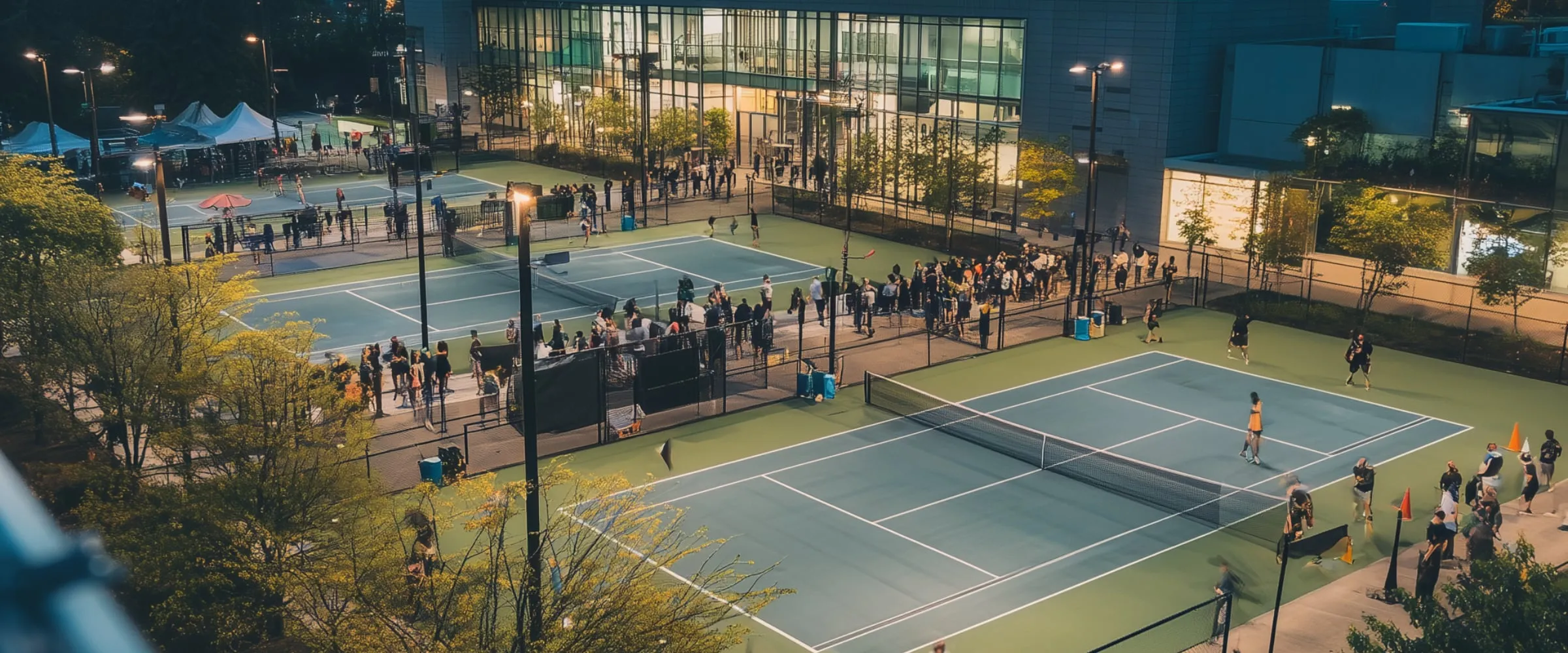 A club on a summer evening: several courts in play under lights — full-size courts in the foreground, a cluster of smaller courts beyond — with spectators packed along the fence, event tents at the far end and the clubhouse lit behind.